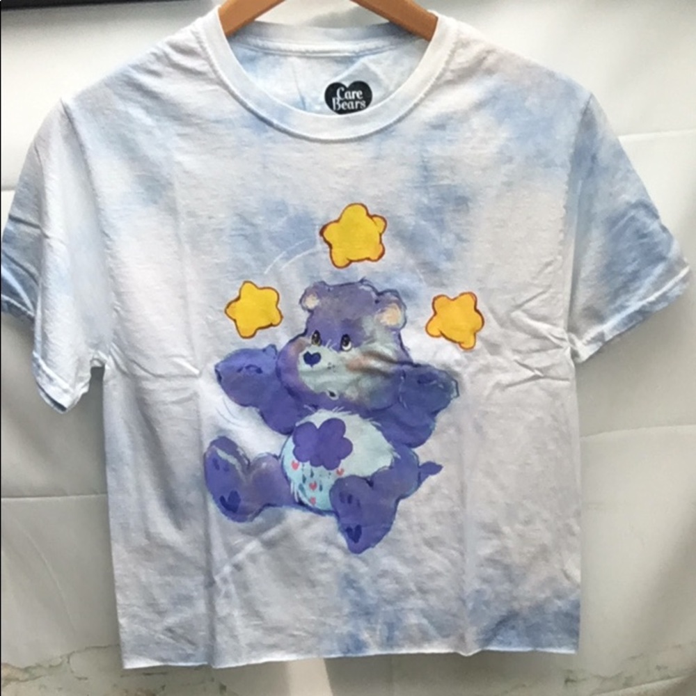 New Care Bears Graphic Print Grumpy Bear Tie-Dye Raw Hem Crop T-shirt